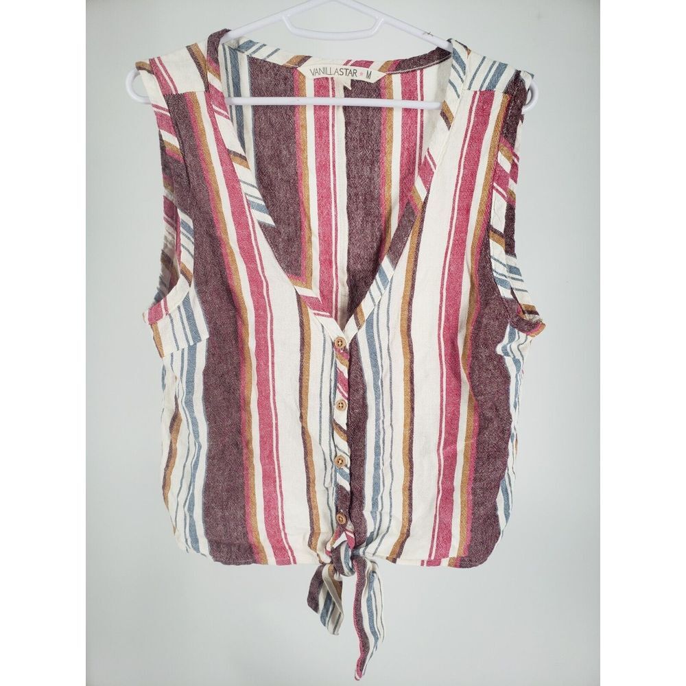 Vanilla Star Colorful Stripe Linen Blend Button Down V-Neck Top Sleeveless